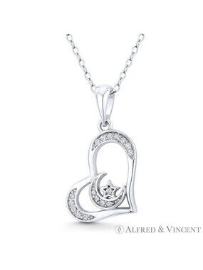 Sideways Heart Crescent Moon Star CZ Crystal 925 Sterling Silver Rhodium Pendant